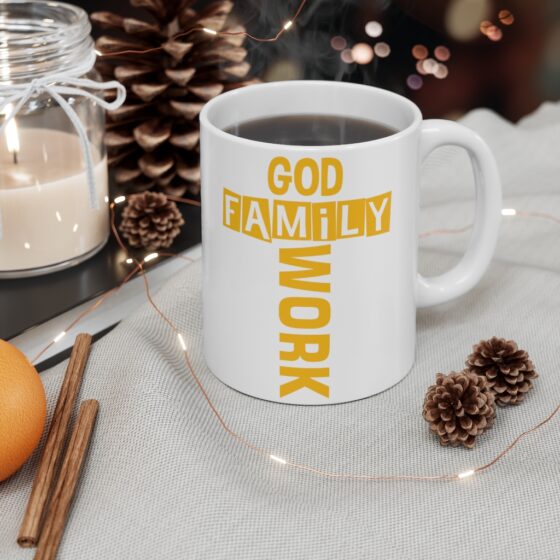 "God Family Work" - Funny Double Sided Print - White Ceramic Mug 11oz - Image 4