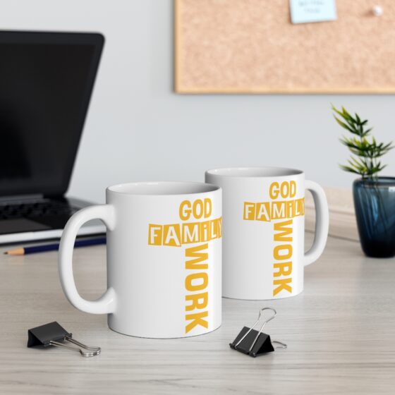 "God Family Work" - Funny Double Sided Print - White Ceramic Mug 11oz - Image 5