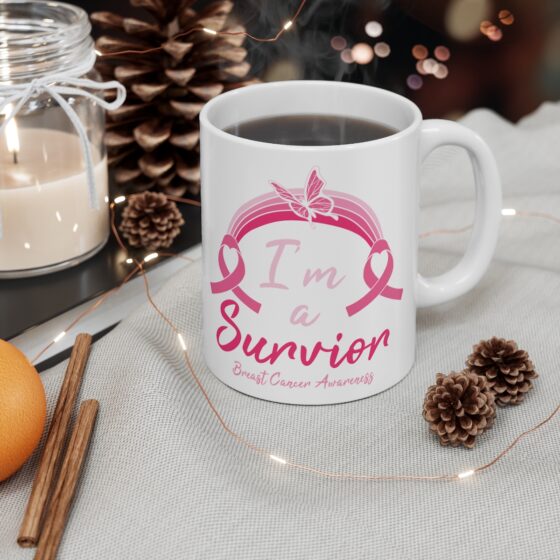 "I'm a Survivor Breast Cancer Awareness" - Funny Double Sided Print - White Ceramic Mug 11oz - Image 4