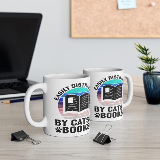 "Easily Distracted by Cats and Books" - Funny Double Sided Print - White Ceramic Mug 11oz - Image 5