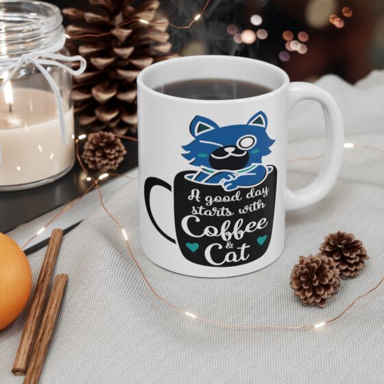 "A Good Day Starts with Coffee and Cat" - Funny Double Sided Print - White Ceramic Mug 11oz - Image 4