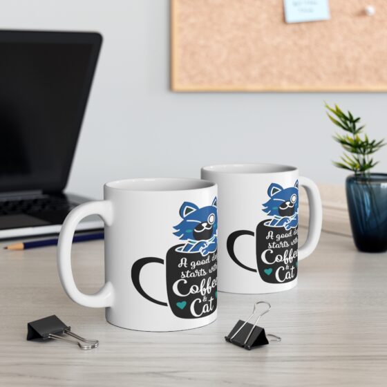 "A Good Day Starts with Coffee and Cat" - Funny Double Sided Print - White Ceramic Mug 11oz - Image 5