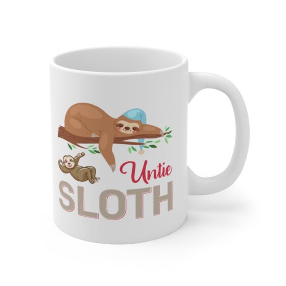 "Untie Sloth" - Funny Double Sided Print - White Ceramic Mug 11oz - Image 3