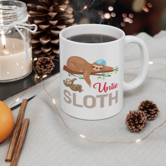 "Untie Sloth" - Funny Double Sided Print - White Ceramic Mug 11oz - Image 4