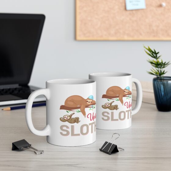 "Untie Sloth" - Funny Double Sided Print - White Ceramic Mug 11oz - Image 5