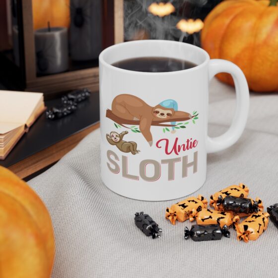 "Untie Sloth" - Funny Double Sided Print - White Ceramic Mug 11oz - Image 6